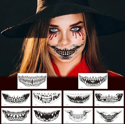 Produktbild von Halloween Tattoos Aufkleber, Halloween Tattoo Gesicht, 10stk Temporäre Totenkopf Gesichtstattoo, Tag der Toten Temporäre Tattoos für Halloween Fasching Kostüm Makeup Party Cosplay