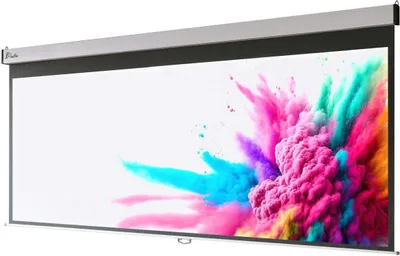 A projection screen displaying a colorful explosion of powder.