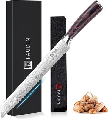 Produktbild von Langes Brotmesser mit Wellenschliff 26 cm aus hochwertigem rostfreiem Edelstahl extra scharfe Messerklinge mit ergonomischem Pakkaholzgriff für Brot
