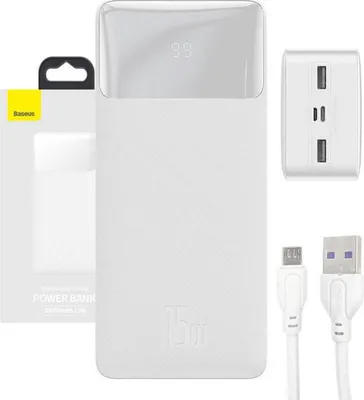 Produktbild von Baseus Bipow Powerbank mit Display 30000mAh 15W weiß (Overseas Edition) + USB-A - Micro USB Kabel 0,25m weiß (PPBD050202)