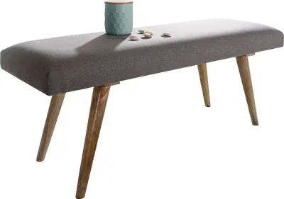 Produktbild von Sitzbank Stoff / Massivholz Bank Grau 117x51x38 cm im Retro Stil, 2er Polsterbank Flur, Gepolsterte Stoffbank Esszimmer Braun, Kleine Bettbank Baumwolle, Flurbank Dielenmöbel schmal