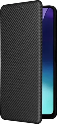 A black carbon fiber textured phone case is shown with the phone screen visible.