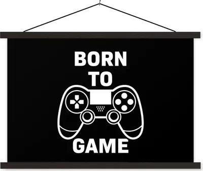 Produktbild von MuchoWow® Textilposter Gaming - Zitate - Controller - Zum Spielen geboren - Schwarz - Weiß 90x60 cm mit schwarzem Rahmen - Aufhängungssatz
