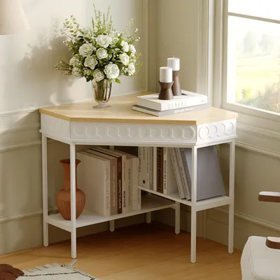 Produktbild von Eckschreibtisch mit drehbarer Ablage, Schreibtisch mit 2 Regalen, platzsparender Computertisch, Holz + Weiß, MDF + Metall, 80 × 80 × 82,5 cm