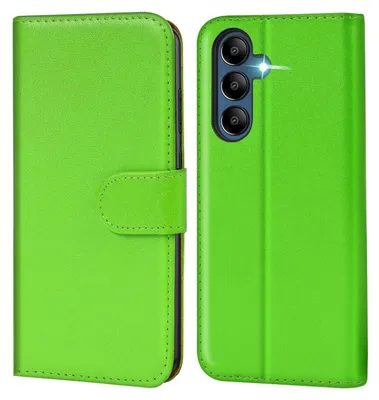 A green flip case for a smartphone is shown from two angles.