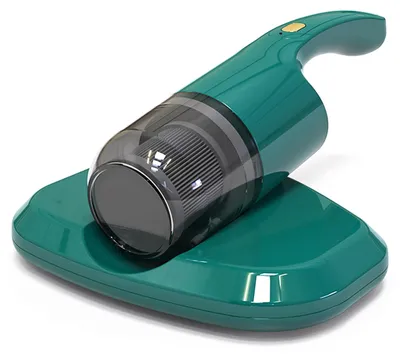A green handheld vacuum cleaner with a transparent dustbin and filter sits on its charging base.