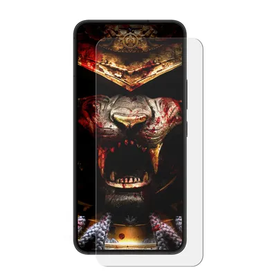 A screen protector is shown on top of a smartphone with a graphic wallpaper.