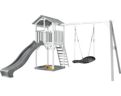 Obrázok produktu pre AXI Beach Tower drevená hracia veža v bielej a sivej farbe | Domček na hranie pre deti so sivou šmykľavkou, hojdačkou a pieskoviskom | Domček na koly do záhrady