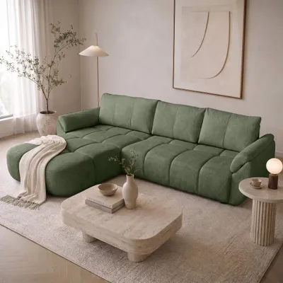 Produktbild von Beautysofa Ecksofa L-Form MASSIMO Ecksofa mit Schlaffunktion und Bettkasten, Universal-Eckcouch, Schlafsofa Grün, Bouclé-Stoff