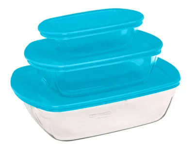 Productafbeelding van Pyrex Cook&Store set van voorraadpotten, kom met deksel, en ovenschaal, gemaakt van borosilicaatglas
