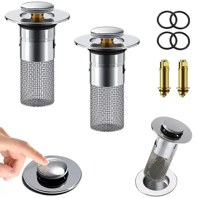 Produktbild von 2-in-1 Spülbeckenstöpsel mit Abflusssieb, Set mit 2 Abflussstöpseln, Messing-Pop-up-Abflusssieb, universeller Ersatzstöpsel für Bad und Küche (34-40 mm)