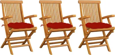 Image de Chaises de jardin avec coussins rouge lot de 3 Bois teck massif