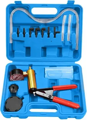 Immagine prodotto di Set di spurgo freni - Pompa a vuoto manuale - Manometro - Aspirazione liquido freni - Tester di pressione/depressione auto - Portatile - Blu