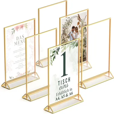 Produktbild von Famanu Fotolisten Doppelseitig - 6 Stück - A5 Acryl | Silberne Tischnummernhalter | Aufsteller für Menüs
