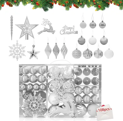 Image de UISEBRT Set de 108 boules de Noël pour l'arbre de Noël, Boules de sapin de Noël scintillantes, Ornements pour décorations de fête - Argenté