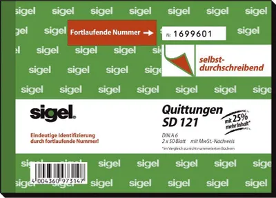 Immagine prodotto di Sigel® SD121 Ricevute con stampa di sicurezza A6 orizzontale SD MP 2 x 50 fogli