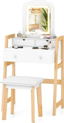 Produktbild von Schminktisch - Frisiertisch - LED-Spiegel - 3 Schubladen - Hocker Inklusive - Holz - Weiß