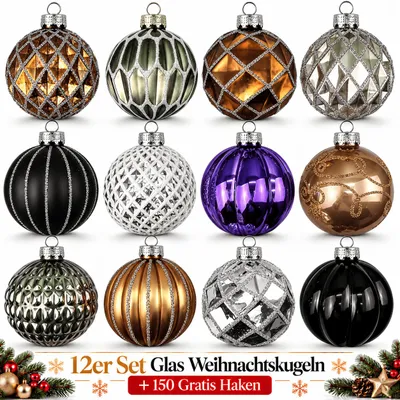 Produktbild von Weihnachtskugeln Glas 12er Set Christbaumkugeln Baumschmuck Weihnachten Deko G6