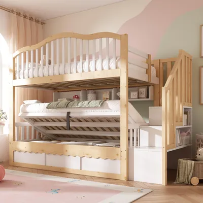 Produktbild von Flieks Hydraulisches Etagenbett 90x200cm mit Ablagefächern, Kinderbett Stauraumbett mit Rausfallschutz, Hochbett Holzbett mit Treppe, Naturbelassen