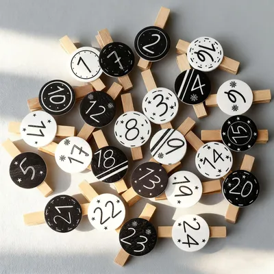 Image de Calendrier de l'Avent en bois - Coffret de 48 pièces comprenant 24 attaches en bois - Idéal pour la création et la décoration - Blanc et noir