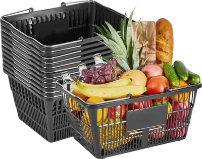 Obrázek produktu pro Nákupní košík SucceBuy, balení po 12 kusech, 21 l stohovatelný plastový košík s držadlem, robustní konstrukce, nosnost až 9 kg, přenosný košík pro potravinářské obchody, maloobchod a supermarkety, černý