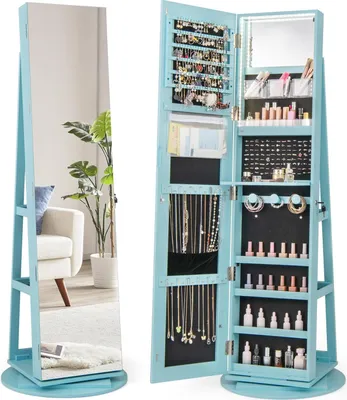 Produktbild von GOPLUS Schmuckschrank mit Ganzkörperspiegel, 360° drehbarer Spiegelschrank mit 3-farbigem LED-Licht, abschließbarer Schmuck Organizer aus Holz (Blau)
