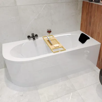 A modern bathroom with a white bathtub, featuring a wooden tray with a glass of wine and soap, and a black headrest.