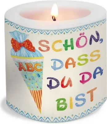 Produktbild von Kerze rund "Schön" beige / blau Ø 8cm, Höhe 7,5cm