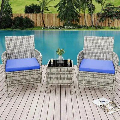 Produktbild von 3-teiliges Outdoor Bistro Set - Gartenmöbel Set - PE Polyrattan & Metallgestell - 2 Stühle mit Kissen - Glastisch - für Balkon, Terrasse & Garten - grau-blau