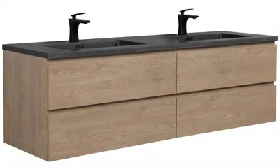 Produktbild von Badplaats Badezimmermöbel Angela 160 cm – Kastanien Eiche –  Badmöbel mit Schwarzem Waschbecken