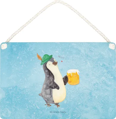 Produktbild von Mr. & Mrs. Panda Schild Pinguin Bier DIN A5 - Eisblau - Geschenk, , Deko Wandbild, Türschild, holzbild, Beschwippst, Holz, kleine aufmerksamkeit
