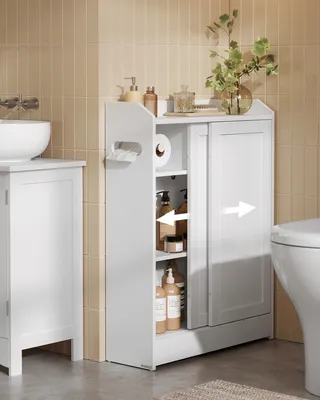 Produktbild von VASAGLE Badezimmerschrank, Badschrank platzsparend, Toilettenrollenhalter, Toilettenbürstenhalter, Schiebetüren, verstellbare Einlegeböden