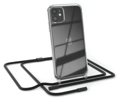 A clear phone case with a black lanyard is shown against a white background.
