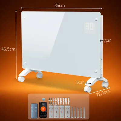 Image de Radiateur convecteur IKODM 2500W, blanc, avec connectivité WiFi Tuya Smart, télécommande, thermostat réglable de 5 à 50 °C, possibilité de fixation murale ou sur roulettes, indice de protection IP24