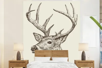 Produktbild von MuchoWow® Fototapete für Wohnzimmer oder Schlafzimmer Wandtapete Vinyl Motivtapete Hirsche - Hirschkopf - Schwarz - Weiß - 180x220 cm - Tapezierpapier