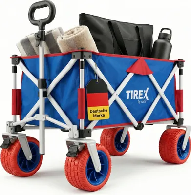Produktbild von TIREX by xonic® Bollerwagen Faltbar mit PolyurethanXL Rädern aus Vollgummi – Strand & Garten Faltbarer Handwagen mit verstellbarem Griff & Fußbremse – Robuster Transportwagen für Kinder & Camping (Red/White)