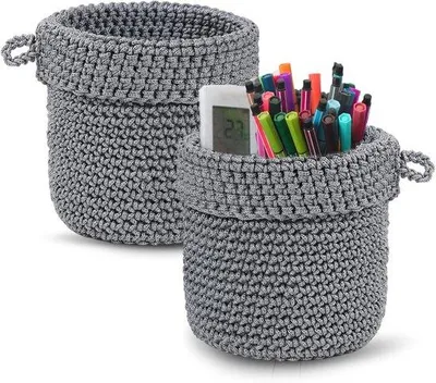 Produktbild von Hängender Korb aus Baumwolle, 13 x 14 cm, grau, mit Handgriff, Organizer für Pflanzen, Küche, Badezimmer, Wohnaccessoires.