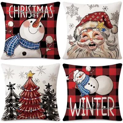 Immagine prodotto di Cuscini natalizi, set da 4, 40x40 cm, con motivo di pupazzo di neve e Babbo Natale, in poliestere e lino