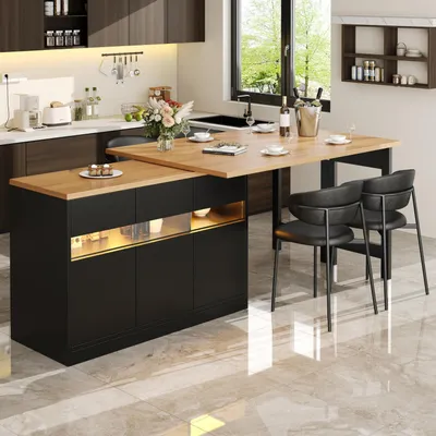 Zdjęcie produktu dla Wysuwany stolik barowy z miejscem do przechowywania i oświetleniem LED, wymiary: 120-180 x 40 x 75,8 cm, kolor: czarny