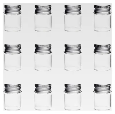 Produktbild von Mini-Glasflaschen mit Aluminium-Schraubverschluss, leere Probengläser, kleine Behälter für Nachrichten, Hochzeiten, Dekorationen, 12 Stück, 5ml, zylindrisch, transparent