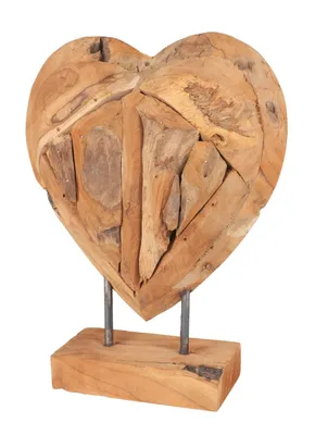 Image de BURI Teak Coeur Sculpture sur support massif - 30 cm Table Deko Figure en bois Présentoir de rebord de fenêtre Présentoir de décoration