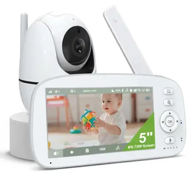 Zdjęcie produktu dla Niania elektroniczna z kamerą - monitor wideo dla dziecka - wyświetlacz 12,7 cm - 2 kamery - obracana o 350° - funkcja VOX - czujnik temperatury - tryb nocny