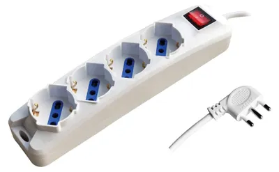 Obrázek produktu pro Prodlužovací kabel Alcapower, 4 zásuvky Schuko/Bipasso, kabel 1,5 m, úhlová zástrčka 16 A, podsvícený vypínač, max. 3500 W, bílá barva.