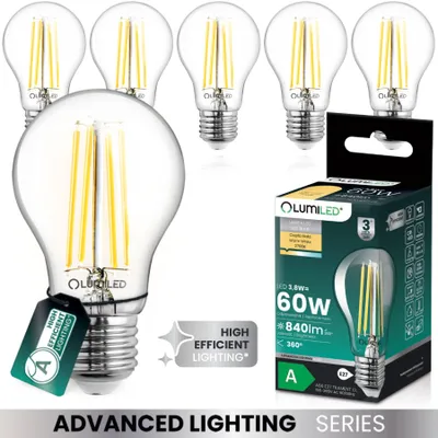 Produktbild von LUMILED 6er Set LED Lampe ultraeffizient A60 E27 3,8W 840lm 2700K Filament Klar Glas 360° Ersatz für 60W Nicht Dimmbar Warmweiß für Wohnzimmer Schlafzimmer Büro Tropfenform