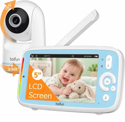 Zdjęcie produktu dla Monitory niemowlęce z kamerą: 5-calowy ekran IPS o rozdzielczości 720p, obracana kamera (PTZ), panoramiczny obraz 360°, 3-krotny zoom, tryb VOX, tryb nocny, monitorowanie temperatury, kołysanki, dwukierunkowy system audio