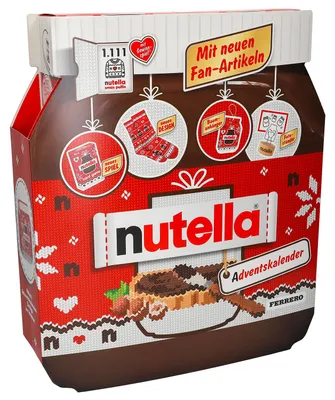 Produktbild von nutella Adventskalender 2024, eine Schokoladen-Adventskalender-Alternative mit 24 festlichen Leckereien und nutella Mini-Geschenken für Kinder und Erwachsene