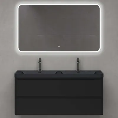 Produktbild von doporro Badmöbel-Set Waschtisch mit Unterschrank Waschbecken mit Waschbeckenunterschrank Matt schwarz 120x48x55cm inkl. Mineralguss-Waschbecken und LED-Spiegel lucca