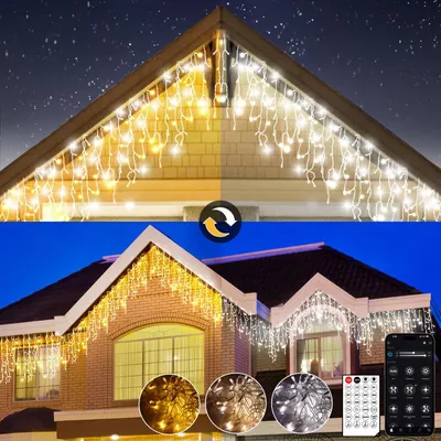 A collage showing icicle lights on a house roof, with close-ups of the lights and a remote control.