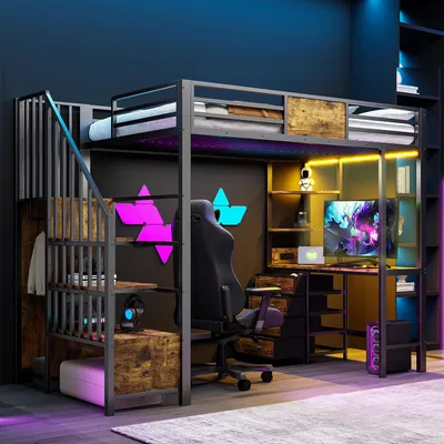 Image de Lit superposé de 95,5 x 175 cm, avec éclairage LED, comprenant un bureau, des espaces de rangement, des étagères, de couleur noire