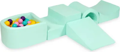 Produktbild von Schaumstoff-Spielset mit Brücke und Mikro-Bällepool – Minze mit Bällebadbällen 100 Stück / Lila, Puderrosa, Türkis, Gelb